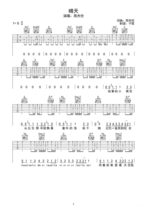 周杰伦《晴天》吉他谱-g调1