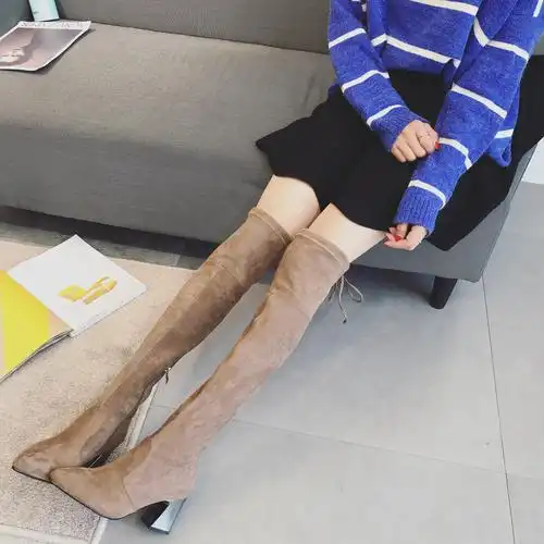 过膝长靴女高跟性感瘦腿弹力靴2018新款秋冬尖头粗跟长筒高筒靴子