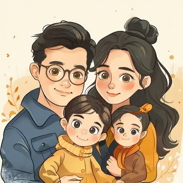 亲子头像|一家四口双胞胎女宝手绘创意插画