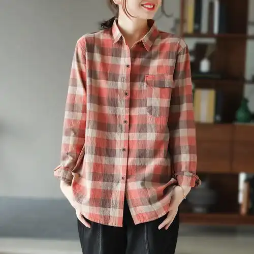 代勒原创春季新款棉麻格子衬衫女款长袖宽松文艺复古衬衣大码上装