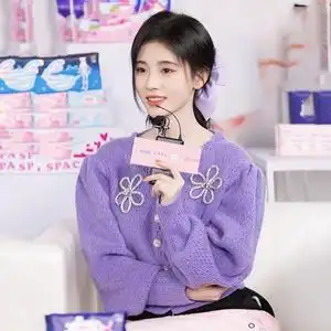 明星鞠婧祎同款毛衣女紫色蝴蝶结镶钻泡泡袖上衣冬季短款针织开衫