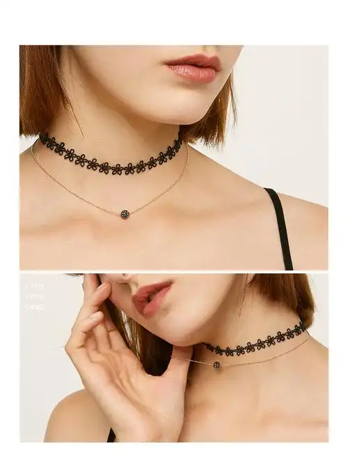 蕾丝项链叠戴女锁骨链黑色颈链简约气质颈带脖子饰品轻奢小众项圈