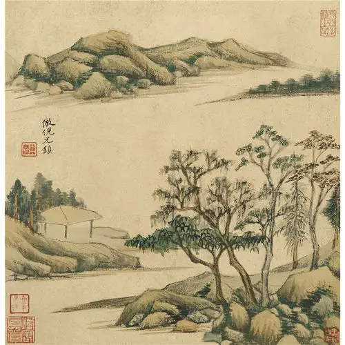 姿翰超高清微喷装饰画 明代 董其昌 字画合璧山水画册页八组 26x25x16