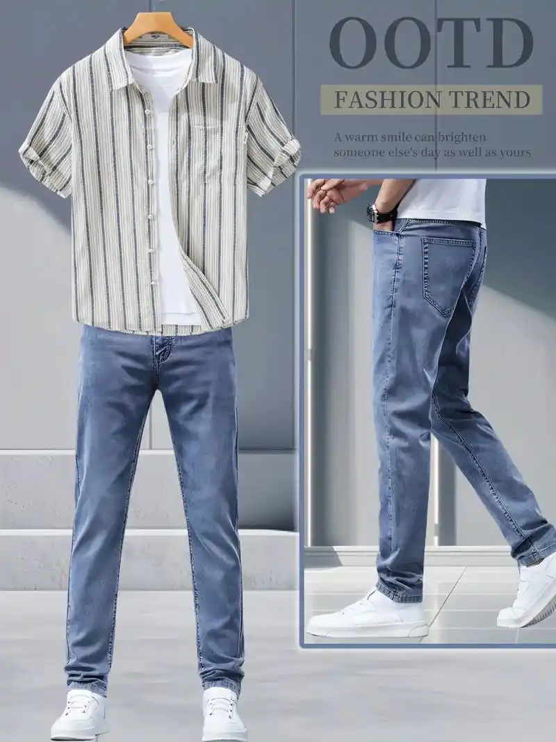 罗蒙夏季冰丝弹力牛仔裤,男士薄款直筒天丝休闲长裤,男款百搭款式