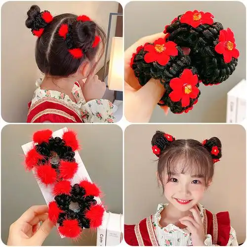 儿童假发丸子头发圈女童女宝宝发饰头饰红色新年可爱发饰头饰皮筋
