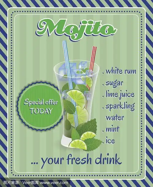 莫吉托鸡尾酒海报,有玻璃杯,冰,酸橙和绿叶