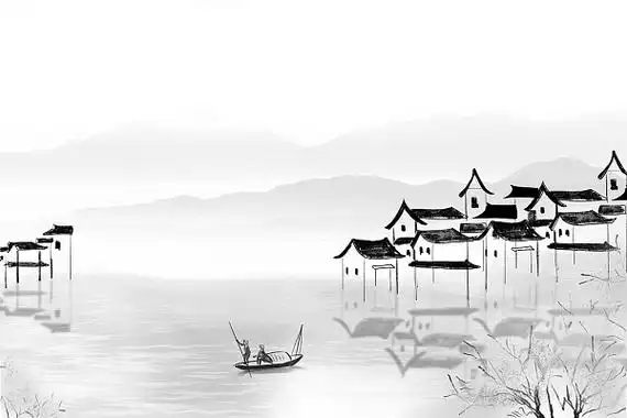 江南水墨山场景水画樱花中式风景素材江南水乡水墨插画