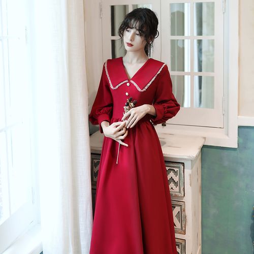 敬酒服酒红色结婚衣服新娘礼服回门便装平时可穿订婚连衣裙长袖春