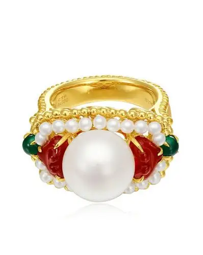 周大福故宫文化系列事事如意18k金镶珍珠玉髓戒指fc65852