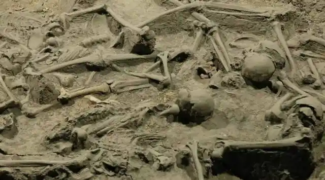 2米的尸骨坑,出土刀币17枚,铜镞2件,铜带钩1件,铁带