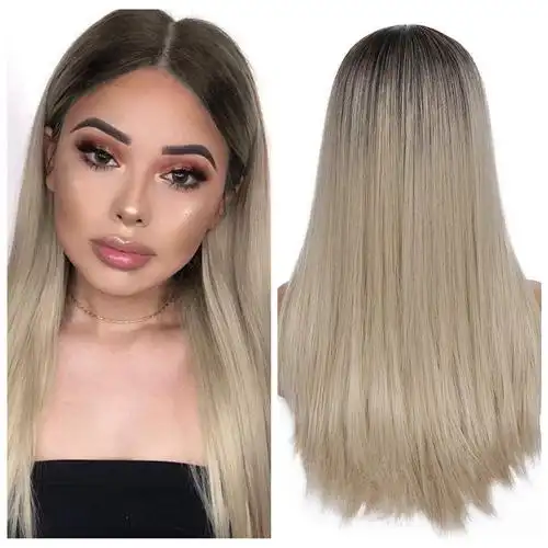 厂家批发亚马逊外贸欧美 假发女中分挑染灰金色长直发假发cosplay