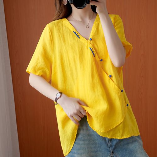 潮尊狐(chaozunhu)棉麻t恤女士半袖夏款衣服女夏天的复古盘扣斜襟上衣