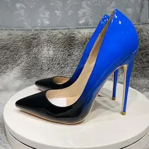 12cm恨天高蓝色渐变色漆皮尖头细跟高跟鞋t台走秀鞋职业鞋单鞋