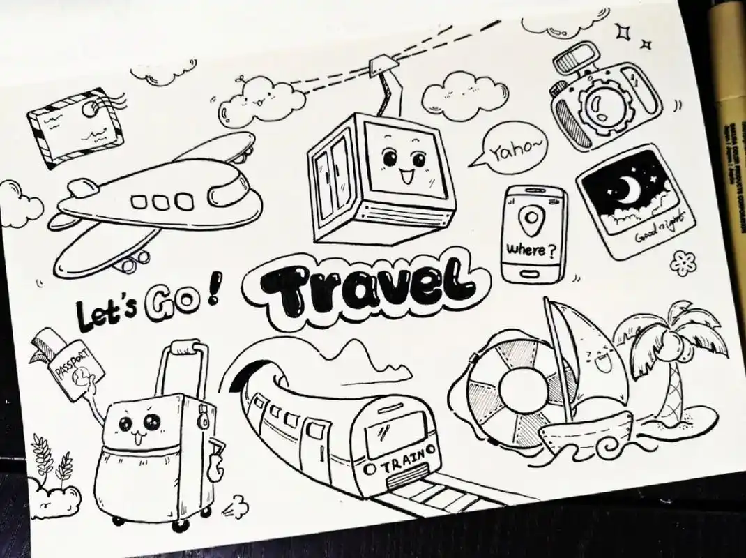 旅行主题. 简笔画. 黑白涂鸦. 手绘 手绘手账素材.  旅行小元素.