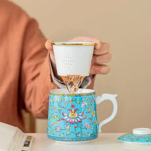高档珐琅彩茶水分离杯陶瓷水杯大容量办公杯带盖泡茶杯家用办公杯
