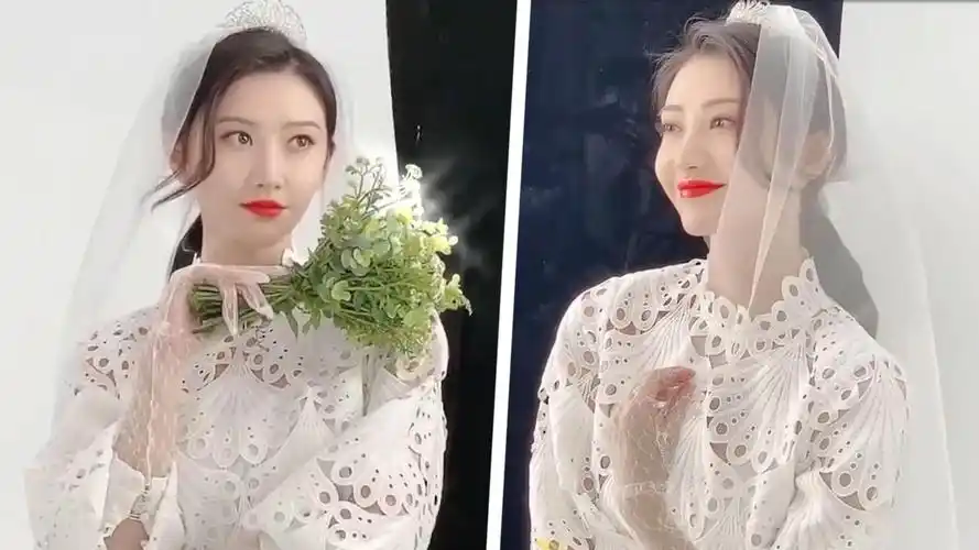 景甜白色镂空婚纱造型拍摄曝光,红唇娇艳又美又甜