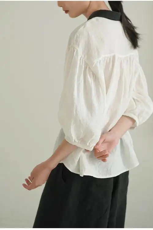 21年春夏新款亚麻衬衣女文艺休闲撞色衣领宽松棉麻衬衫 女装>女士