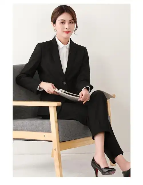 面试白领职业工作服正装时尚女装专柜藏青偏蓝2扣戗驳领西服女女裤3xl