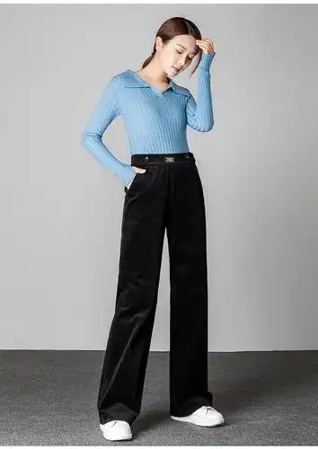 施悦名 2019秋冬新款休闲裤女裤条绒宽松休闲高腰阔腿裤直筒裤长裤a