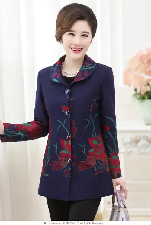 中老年女装秋装外套50-60岁妈妈装大码中长款老年人印花奶奶上衣