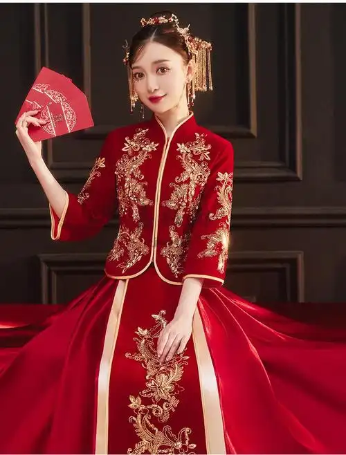 中式婚礼秀禾服敬酒服秀禾服新娘新款结婚中式嫁衣情侣敬酒礼服女丝绒