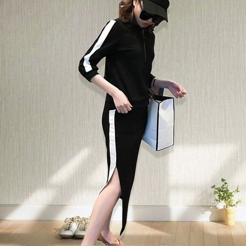 2022初秋款名媛气质休闲上衣 修身包臀开叉半身一步裙套装两件套