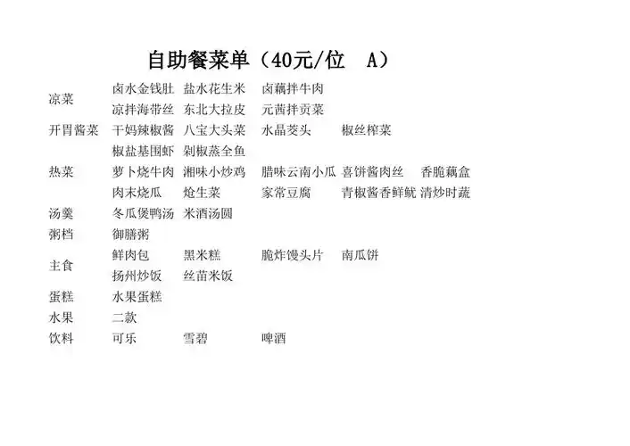 40元自助餐菜谱