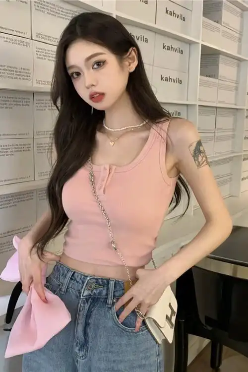 2023新款罗纹粉色吊带背心女内搭外穿美背夏季甜辣风短款上衣t恤