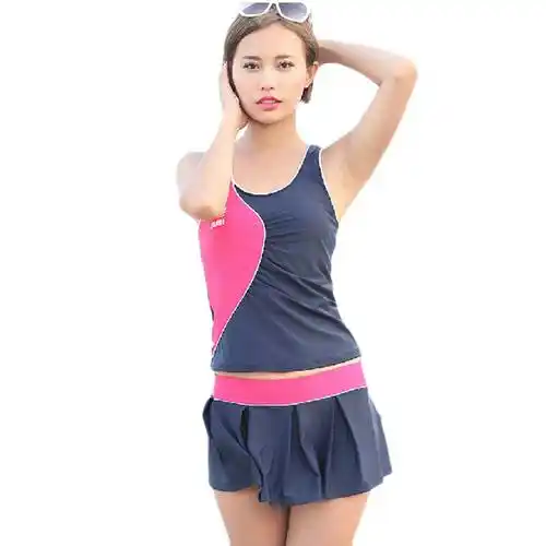 三奇泳衣 女士性感 分体裙式三件套 韩国 泡温泉 泳装 藏青色无钢托