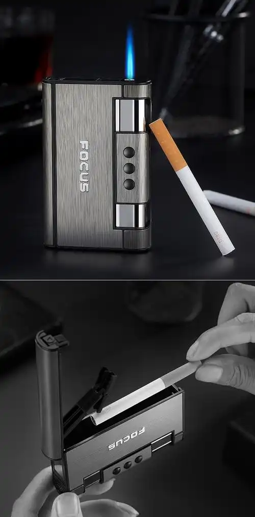 focus焦点自动弹烟带打火机创意防风超薄男士烟盒厂家批发直销