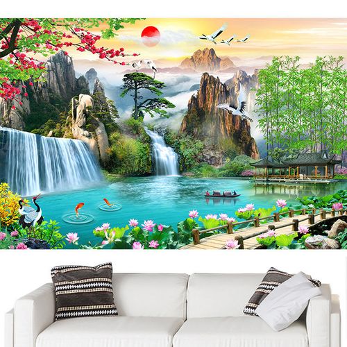 瀑布山水风景画 荷花小桥流水生财装饰画迎客松竹子亭子墙贴壁画