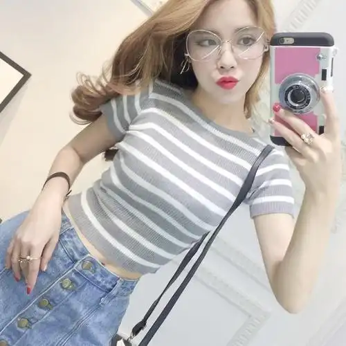 热销针织漏脐短上衣超短款