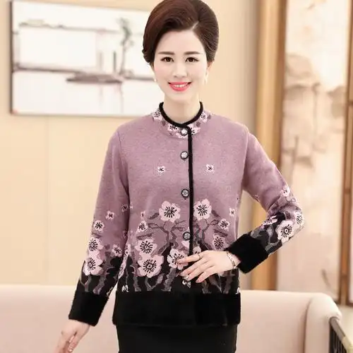 老年人女士羊毛衫外套春装中老年女装开衫毛衣加厚中老年女装