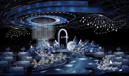 蓝色梦幻星空浪漫婚礼星空月亮梦幻星辰效果图ps素材分层psd