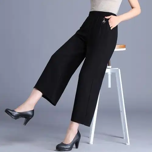 l 中老年阔腿裤女夏季薄款雪纺九分妈妈裤冰丝女裤中年女装夏天裤子