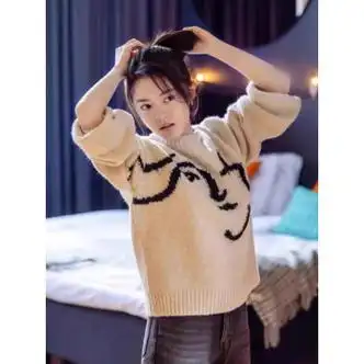 橦舟渡赵今麦同款衣服在暴雪时分殷果人脸印花毛衣女复古圆领针织衫上