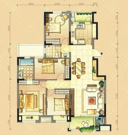 三室二厅二卫户型图效果图