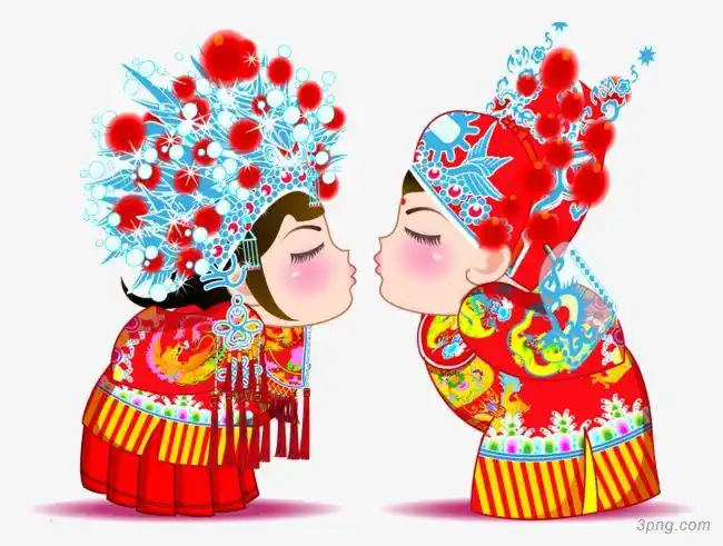 手绘中式婚礼亲嘴小人png素材透明免抠图片-卡通手绘