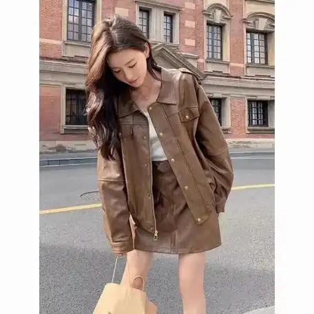 咖色皮衣外套女美拉德穿搭春秋2024新款复古港风宽松皮夹克潮皮