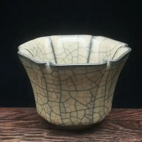 精选好货宋哥窑金丝铁线六方杯古玩古董老货旧货老茶杯收藏品老物件