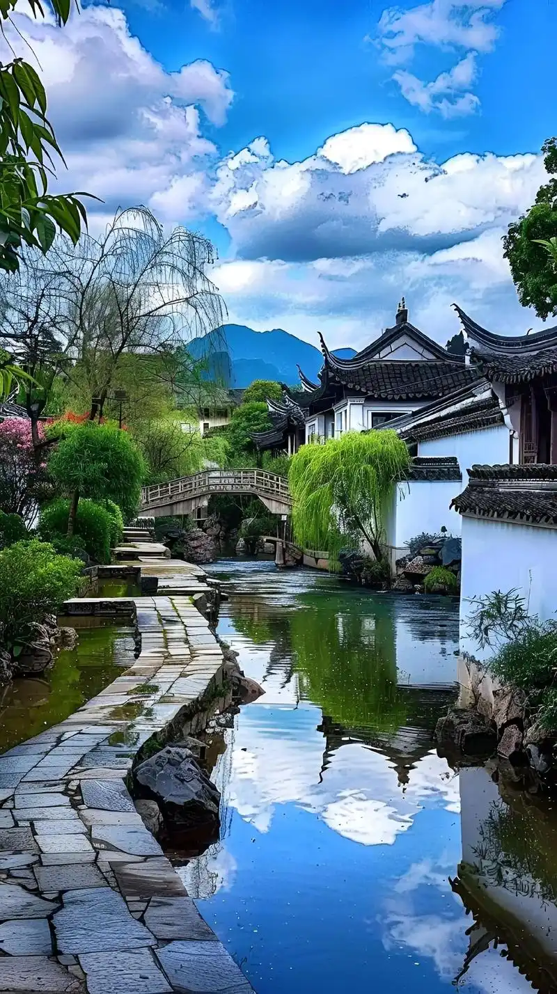 江南古镇,白墙黑瓦,绿树掩映,展示着独特的韵味.古镇的石板路