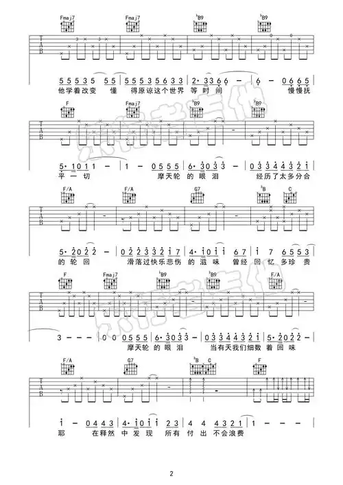 《摩天轮的眼泪》吉他谱-金志文-f调原版弹唱谱-高清六线谱1
