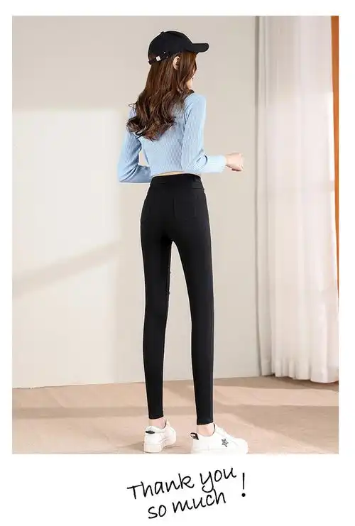 春夏秋薄款女长裤破洞打底裤学生女裤子修身小脚铅笔女裤子 - 17网