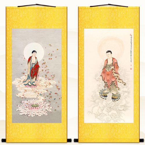 莲花阿弥陀佛接引图 中式佛堂装饰佛像画 绢布材质卷轴挂画可定制
