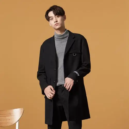 男装毛呢大衣外套男韩版都市中长款外套男大口袋袖口字母男士外套