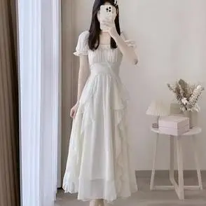 新款仙女别致温柔风白色钉珠连衣裙女装荷叶边超仙公主长夏季法式