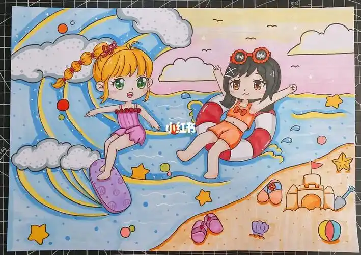 夏天海上冲浪游泳沙滩儿童创意画场景