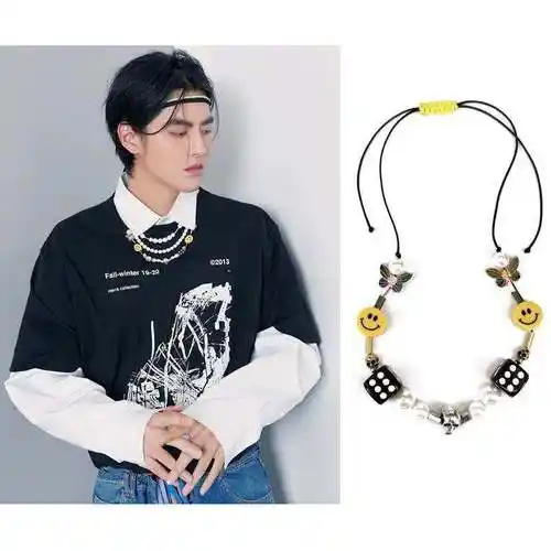 rocky同款 国潮骰子骷髅头蝴蝶珍珠陶瓷笑脸项链潮 吴亦凡asap - 痕风