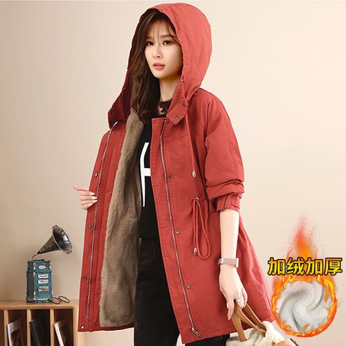 啄木鸟高档品牌派克服加绒加厚外套女2024秋冬季新款中长款收腰显瘦连