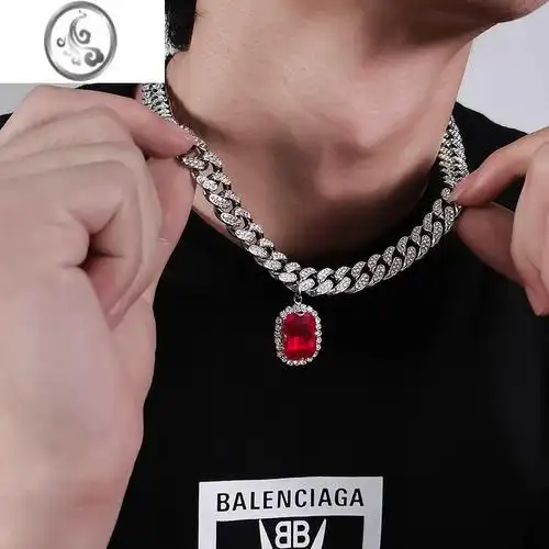 jimi美式镶钻红宝石古巴链项链男潮嘻哈欧美男士潮满钻水钻说唱链子粗